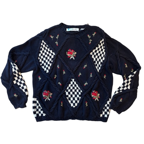 Vintage Chaus Sweater Chunky Cottagecore Fair Isle Embroidered Size Large - Picture 1 of 8